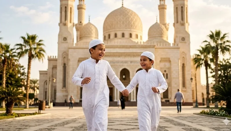 Children Running to the Mosque Eid Mubarak AI-generated